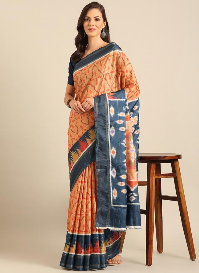 Cotton Peach Casual Wear Printed Saree